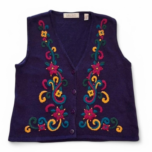 Karen Scott Sweaters - VTG Karen Scott Womens Medium Cottagecore Sweater Vest Embroidered Floral Purple
